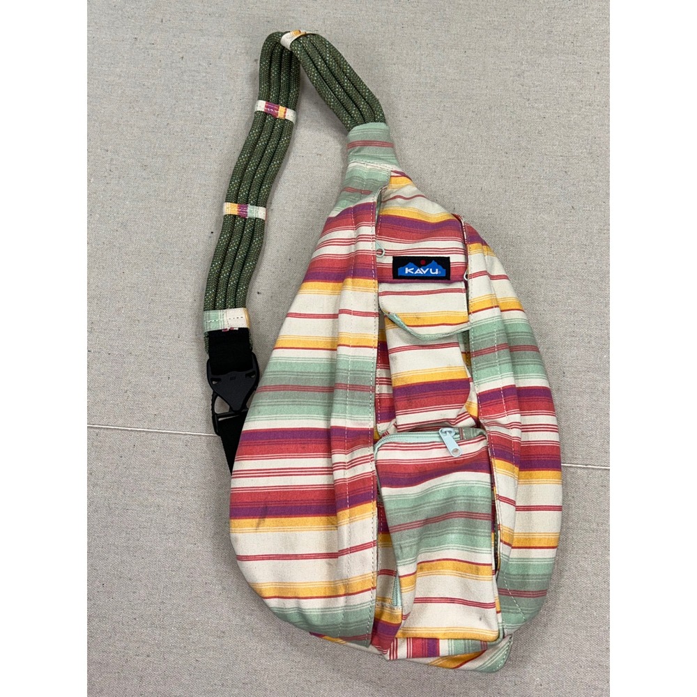KAVU Rope Bag Cotton Canvas Sling Backpack Multi Color Stripe Crossbody Bag